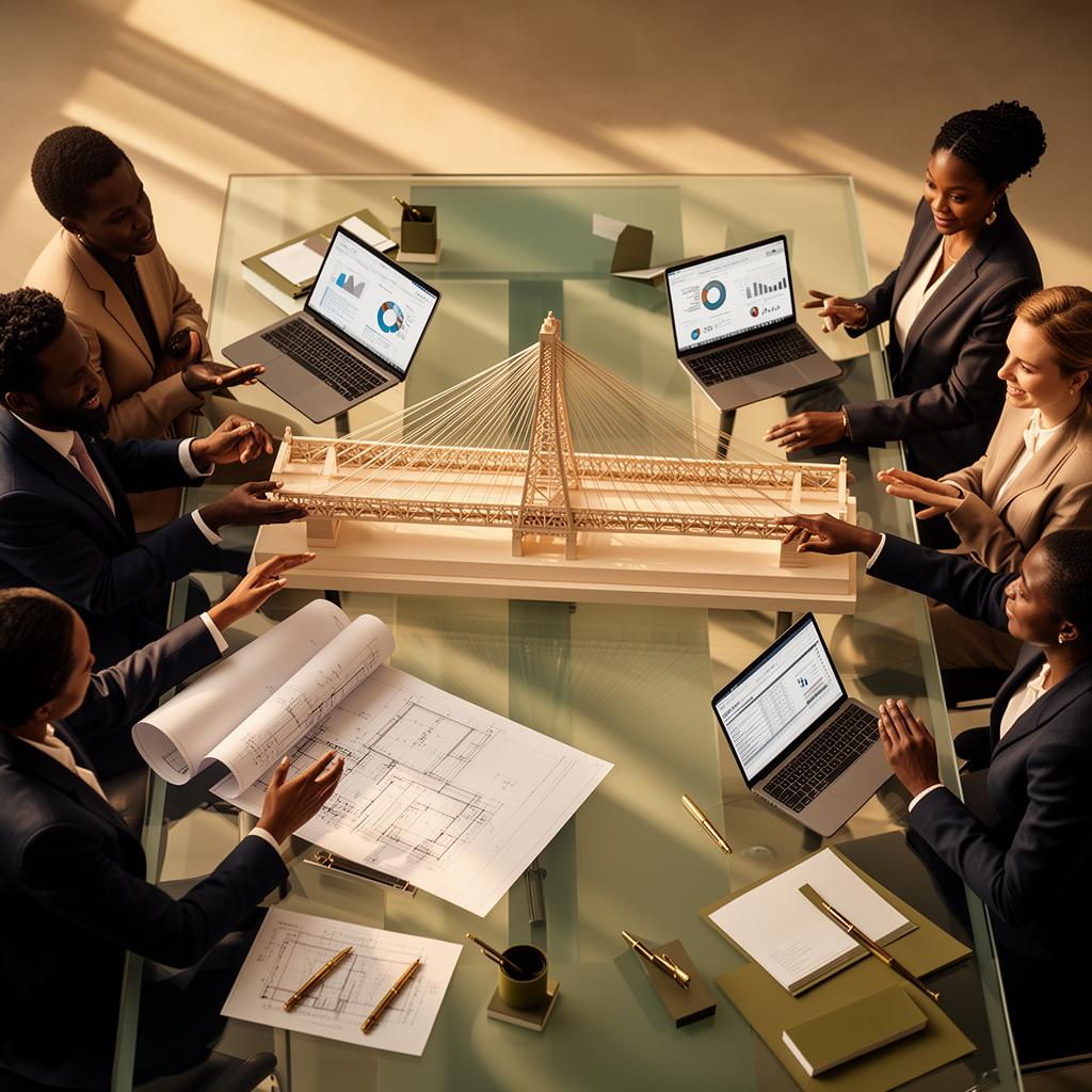 Executive team collaborating around an architectural bridge model in a sunlit boardroom