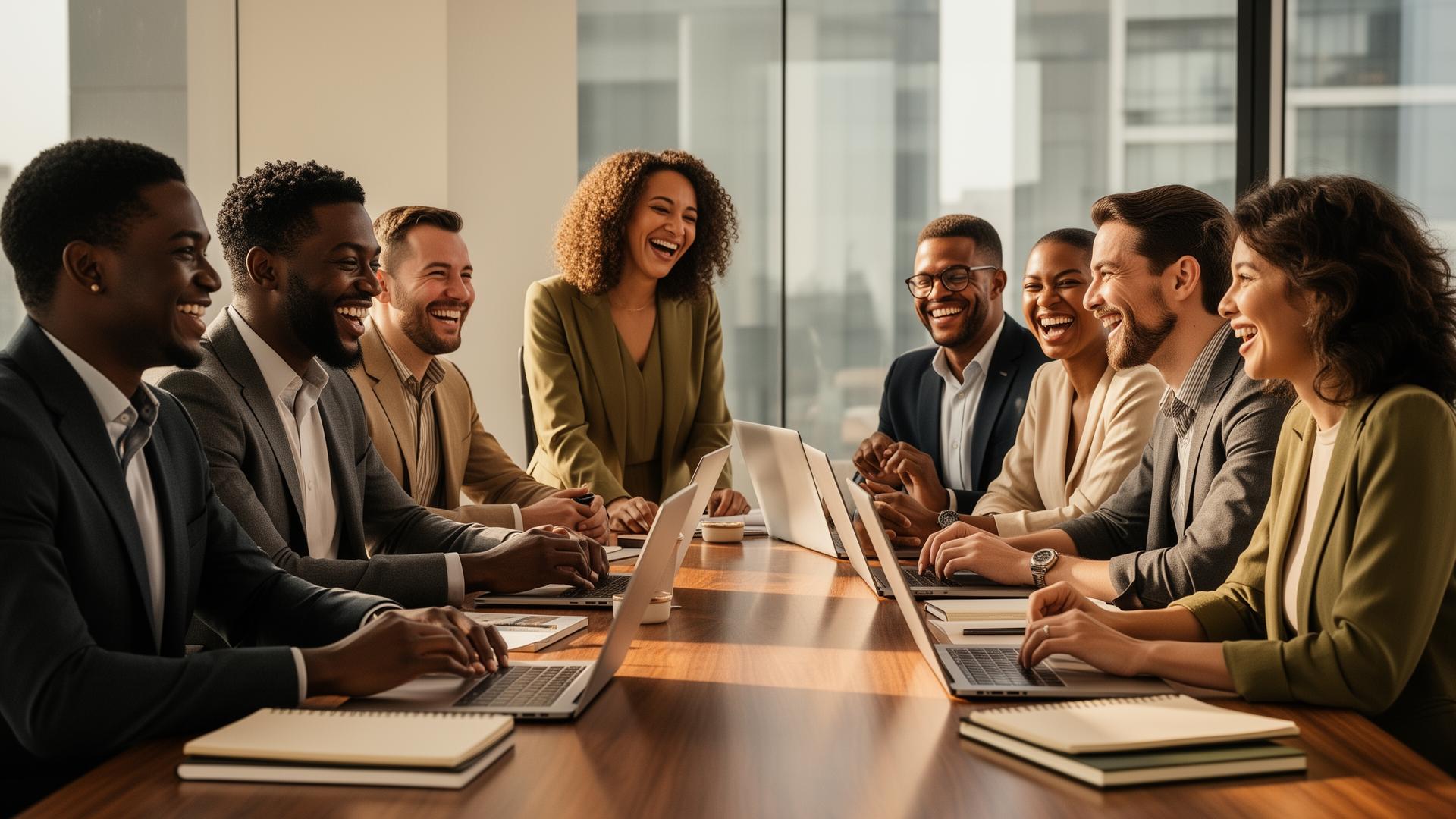 Diverse, energetic team collaborating in a premium modern workspace