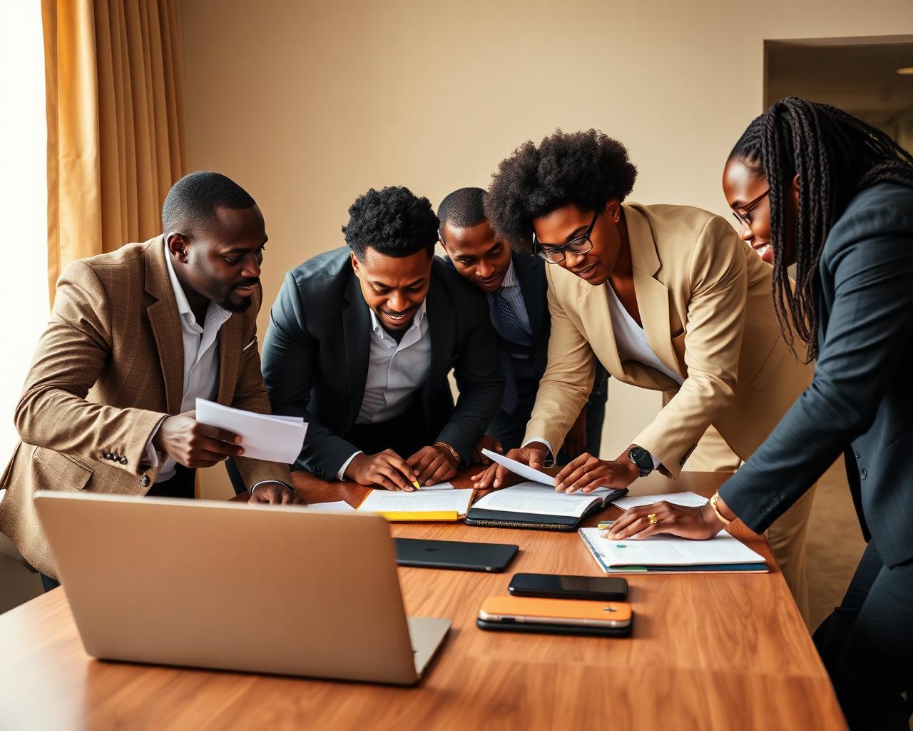 Multi-disciplinary execution team collaborating in a modern workspace