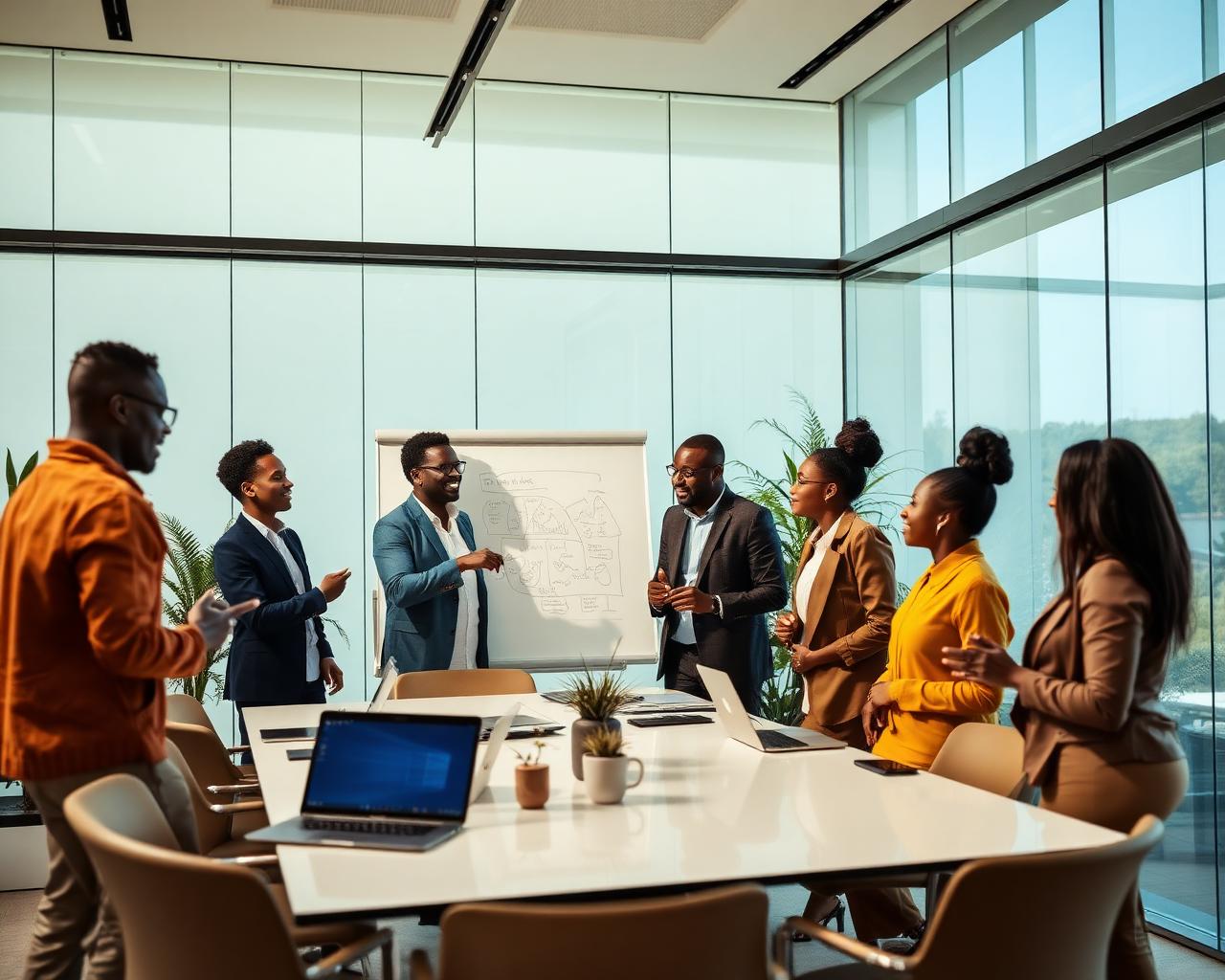 African founders collaborating in a modern glass boardroom